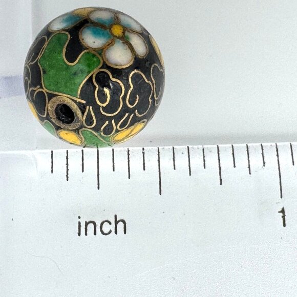 Cloisonne 5 Black Beads 14 MM Yellow Pink Green Flowers Cloisonne Beads 14 MM - Picture 4 of 8